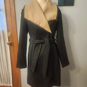 Worthington M Black Camel 3/4 Length Light Wrap Coat Draped Collar Belted NWT